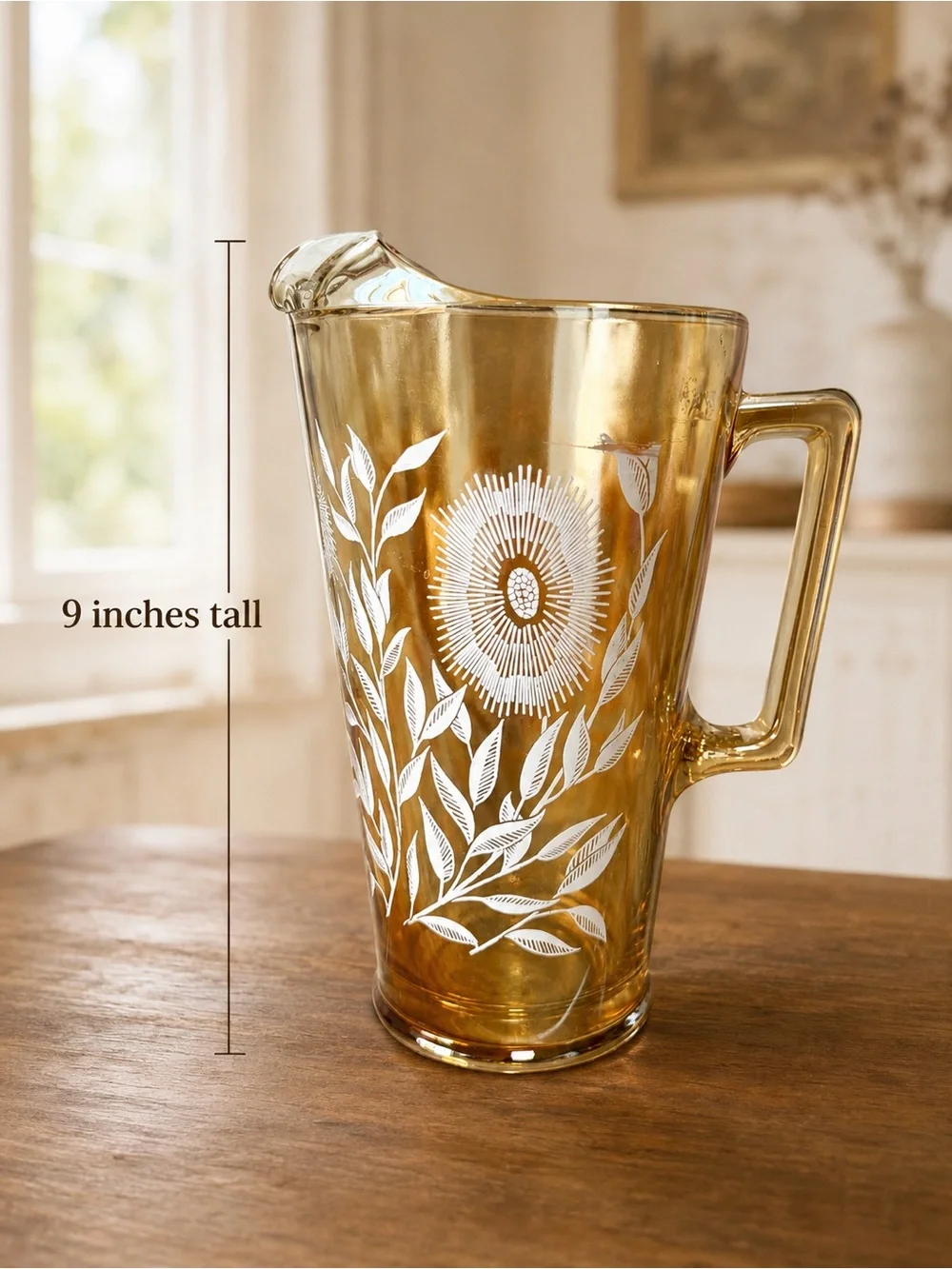 Vintage Jeannette Cosmos Marigold Carnival Glass Floral Pitcher 9 Inch
